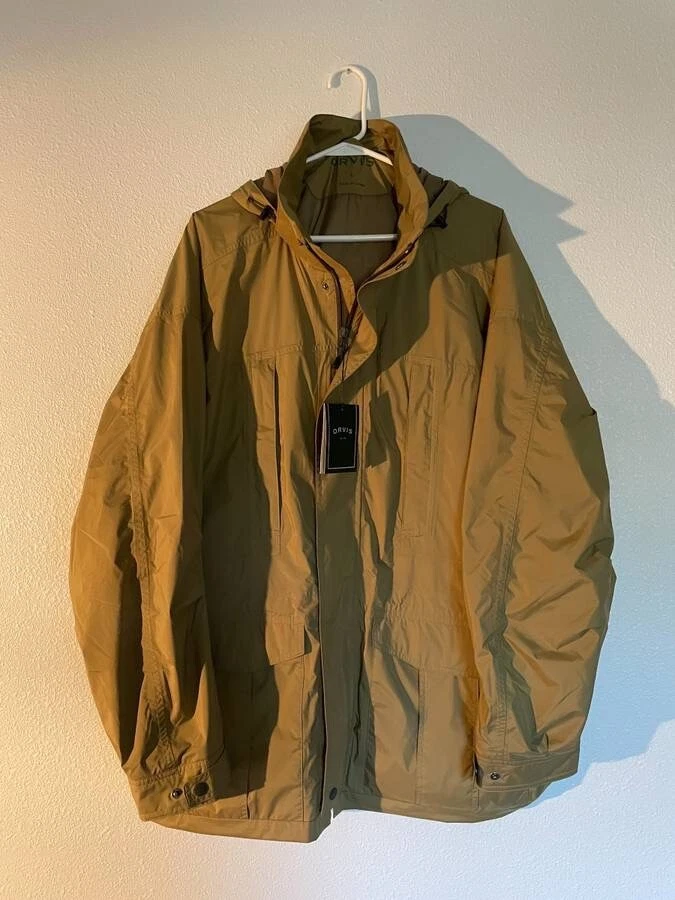 NEW Orvis Purcell Rain Jacket Khaki Tan Brown Large Mens Waterproof Zipper Coat