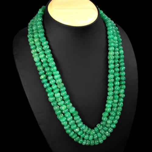 TRUELY 623.00 CTS NATURAL 3 LINE GREEN EMERALD CARVED BEADS NECKLACE  - (DG) - Picture 1 of 2