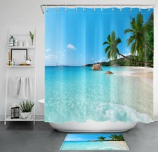 Tropical Ocean Beach Green Forest Scenery Shower Curtain Bathroom Accessory Sets