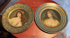 Pair Antique 1907 Vienna Art Plates Tin Lithograph Griselda Meek Co Vintage Sign