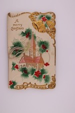 Vintage Embossed Christmas Card Church Bells Holly Made Germany Used