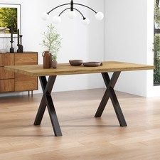 4 Seater Dining Table with X Legs, Industrial Style Rectangle Kitchen Table, Oak