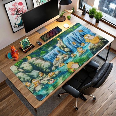 Psyduck Waterfall Fun Pokemon Nature Scene, Kanto Water Type Desk Mat