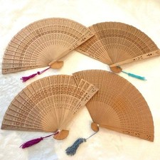 UnknownBrand Wooden Fan Set 4 Floral Engraved Hand Fans Natural Tone