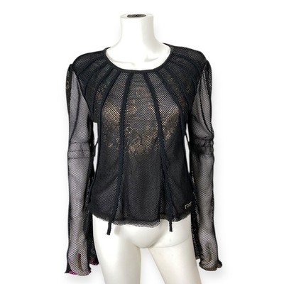 Parasuco Women's Y2K Black Long Sleeve Sheer Mesh Top Braid Details L