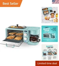 Elegant Aqua 3-in-1 Breakfast Station: Coffee Maker, Griddle & Toaster Oven