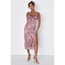 Lulus Fleur-ty Behavior Mauve Floral Satin Midi Dress Size XS Sleeveless Slit