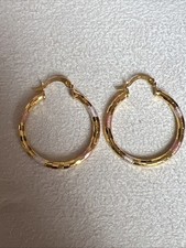 VINTAGE GOLD TONE HOOP EARRINGS WITH WHITE PINK ENAMEL