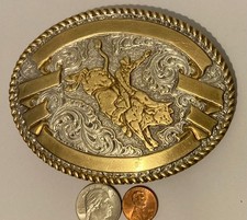 Vintage Metal Belt Buckle, Silver and Brass, Bull Riding, Rodeo, Crumrine, Big