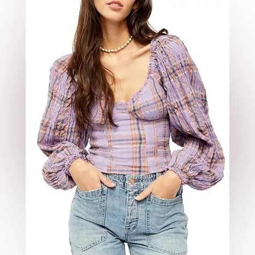 Free People Cherry Bomb Madras Purple Plaid Cropped Top Womens Size M
