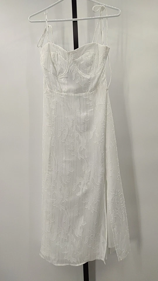 Lulus Loveliest Looks White Floral Jacquard Tie-Strap Midi Dress S