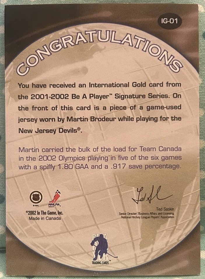 MARTIN BRODEUR 2001-02 In The Game Be A Player International Gold Jersey Reliquia Foto 2 de 2