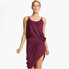 NWOT Halston Heritage Plum Draped Asymmetrical Midi Dress Embellished Straps MED