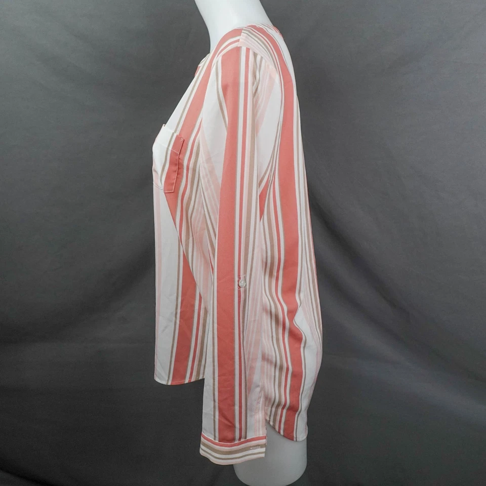 Bass Womens Top Medium Terracotta Stripe Sheer Flowy Secretary Timeless Corpcore - Image 3 of 4