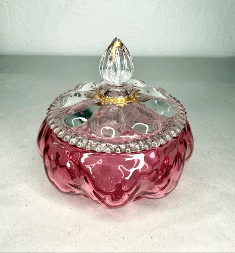 Vintage Fenton Glass Diamond Optic Candy Dish Powder Jar Cranberry Gold Accents
