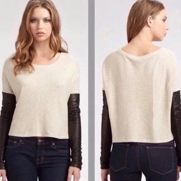 ELIZABETH AND JAMES M Cotton Top Brown Long Sleeve Black Leather Sleeve Moto - Image 2 of 4