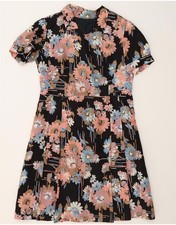VINTAGE Womens A-Line Dress UK 14 Medium Black Floral CU09
