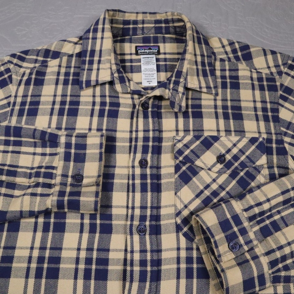 Patagonia Iron Ridge Organic Flannel Button Shirt Mens M Beige Blue Plaid Latch