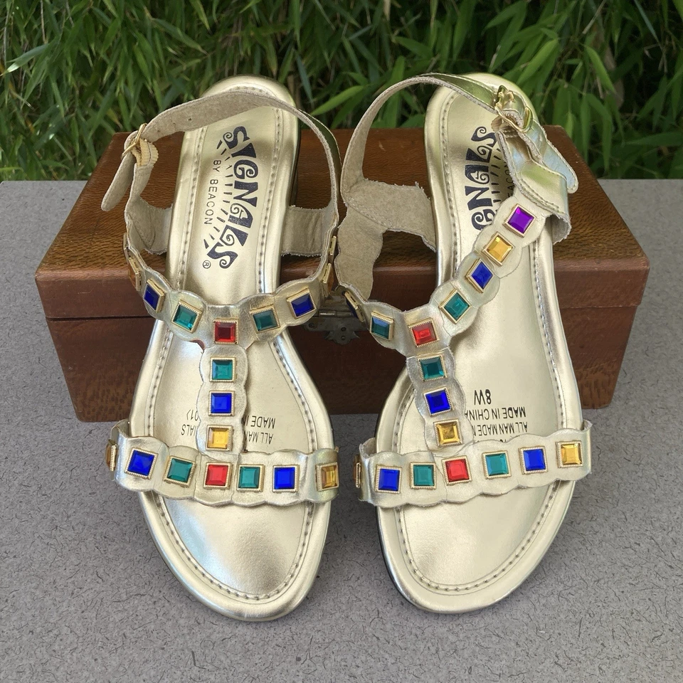 Sandalias de tacón bloque con correa en T Signals by Beacon de colección talla 8W joya dorada de colección Foto 2 de 4