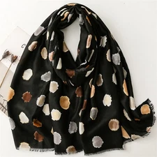 Women's Boho Abstract Spotted Scarf Black Gold Fringe Wrap Shawl Lightweight
