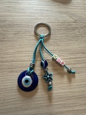 Handmade Evil Eye Protection Key Chain Ring Blue Glass 2 bead tassels