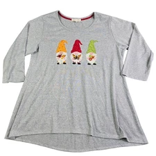 Cute Garden Gnome Autumn Fall Top Women's 2XL Gray 3/4 Sleeve Floral Holiday Fun