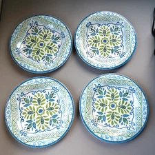 4 Melamine Side Plates Thick Textured Blue Green Medallion Heavy Indoor Outdoor