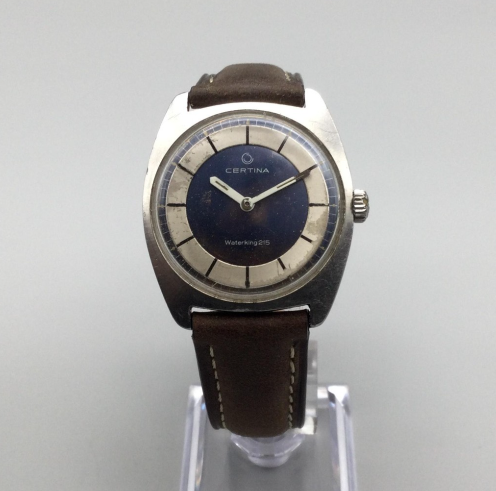 Vintage Certina Waterking 215 Mens Watch 32mm Blue Dial Leather