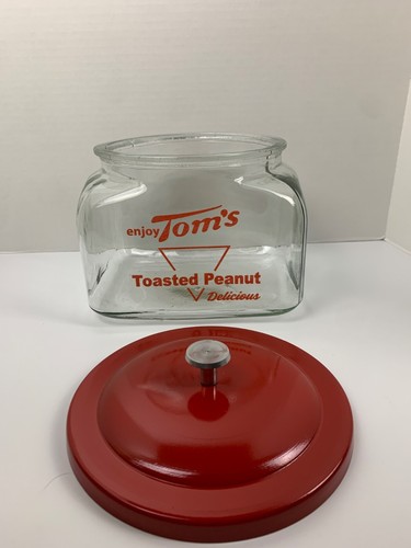 Tom's Counter Jar Red Print with Lid Country Store Display Cookie Jar Kitchen - Picture 4 of 7