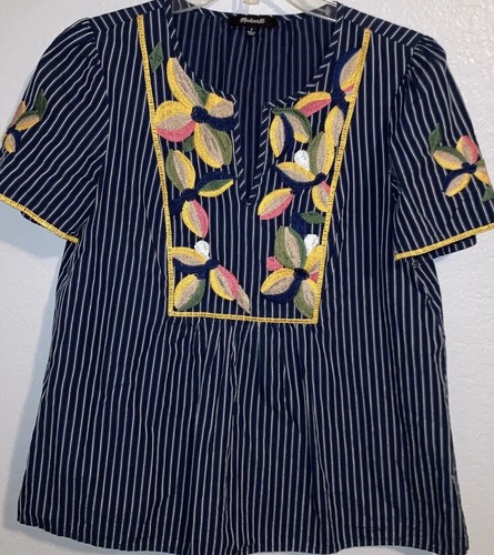 Madewell Fable Kurzarm Blumen bestickt marine gestreift Tunika Top Boho Gr. S