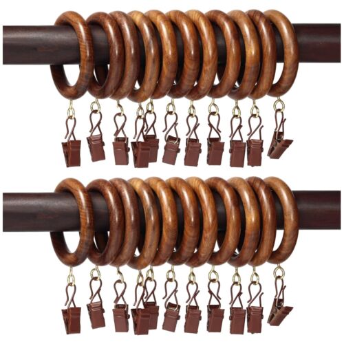 24Pcs 1.25" ID Curtain Rings with Clips Wooden Window Shower Curtain Hooks Set