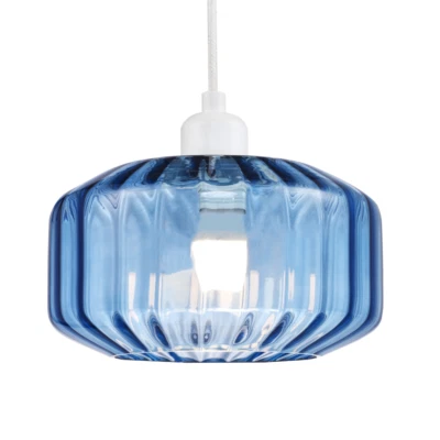 HAPPY HOMEWARES Modern Midnight Blue Ribbed Glass Non Electric Pendant Shade with Flat Style ...