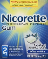 Nicorette Gum White Ice Mint 2mg Nicotine Regular Strength 100 Gums Quit Smoke