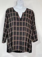 STUDIO B By Bobeau Women’s Sz 3X Black/Brown Plaid Tunic Roll 3/4 Sleeve Blouse
