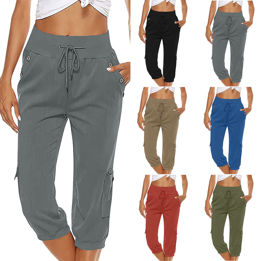 Mujeres Cintura Alta Cargo 3/4 Longitud Pantalones Pocket Pierna Recta Capri "