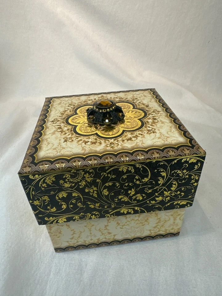 Punch Studio Elegant Square Decorative Box Floral Gold & Black Ornamental Lid - Image 3 of 4