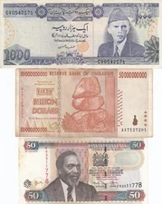 Pakistan, Zimbabwe, Kenya, Set of 3 Notes , All Different Banknotes.