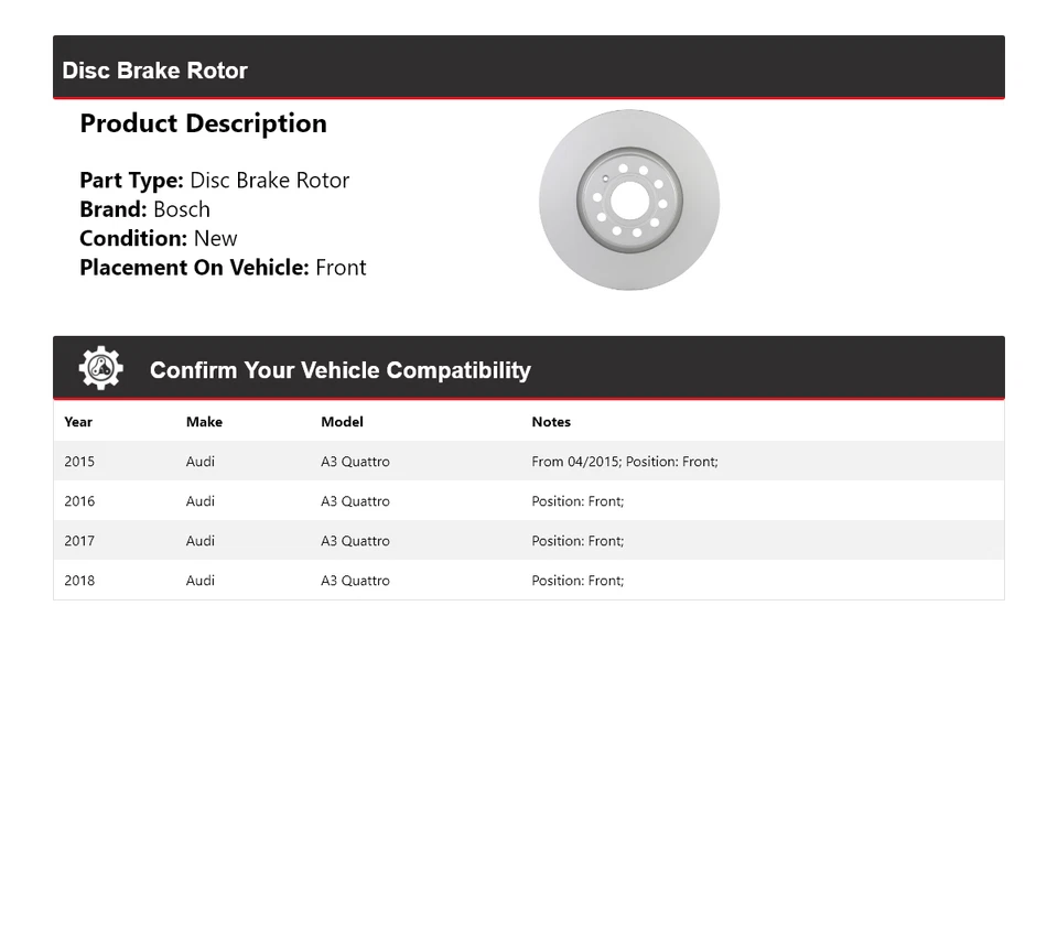 Rotor de freno de disco delantero QuietCast Bosch 2015-2018 para Audi A3 Quattro 2016 2017 Foto 2 de 4