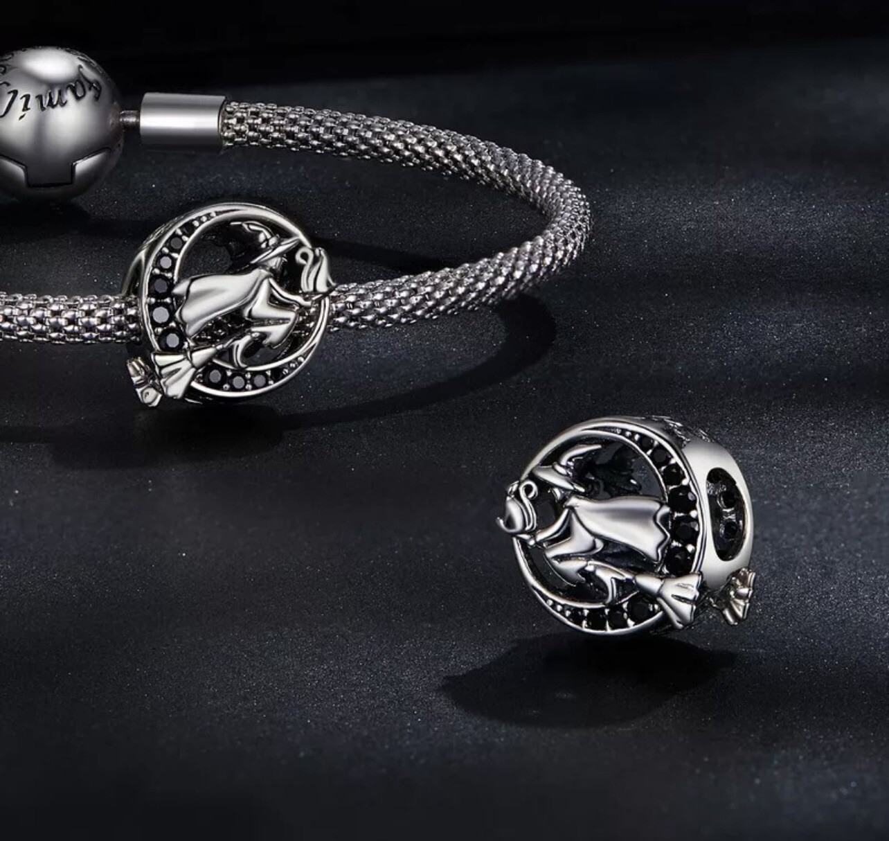 Witch On Broom Charm Bead Flying Halloween Cat Genuine 925 Sterling Silver Gift