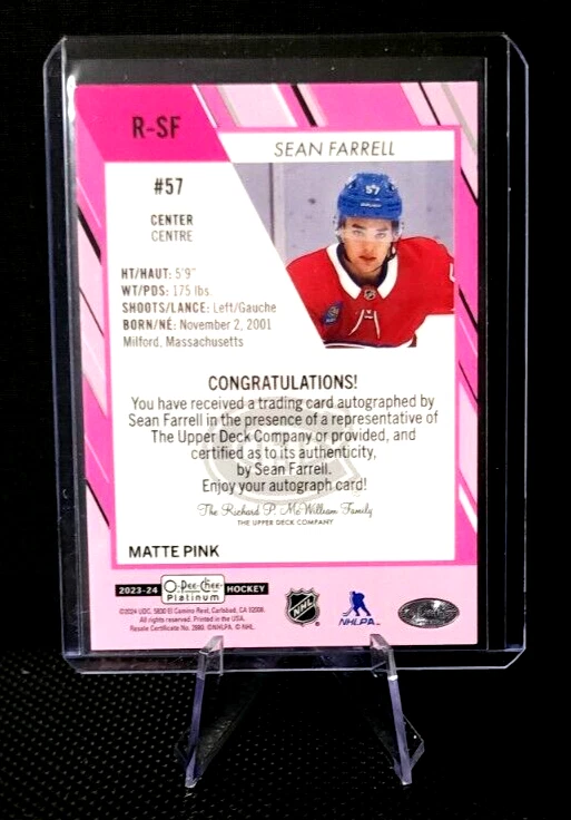 2023-24 O-Pee-Chee Platinum SEAN FARRELL #R-SF Rookie Autograph Matte Pink 1:216 - Image 2 of 2
