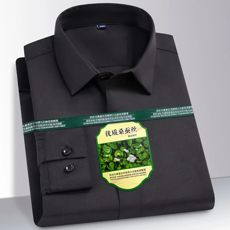 Camisas de vestir para hombre mangas largas formales negocios sin hierro mezcla de seda camisas informales Foto 2 de 4