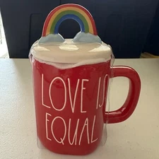 Rae Dunn LOVE IS EQUAL Figural Mug with Rainbow Topper - New