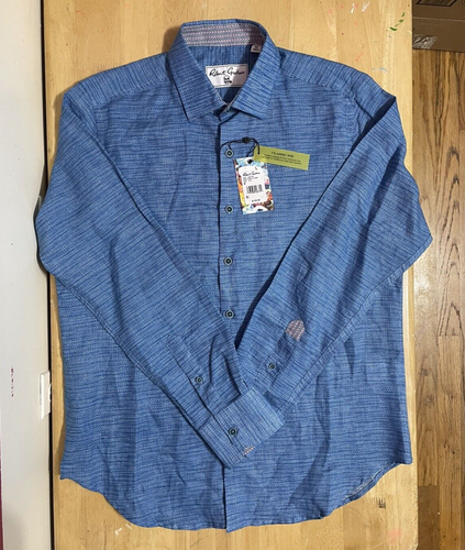 Robert Graham Men's Blue Shirt Medium Button up Flip Cuff Linen Cotton Blend - Picture 3 of 10