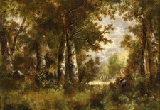 Art stunning Oil painting young countrywoman in summer forest landscape canvas