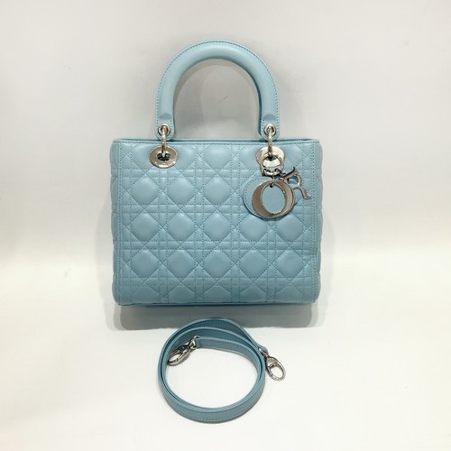 AUTH Dior Medium Lady Dior Light Blue Cannage Calf Leather Crossbody Bag