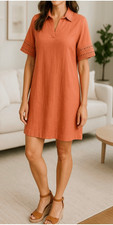 Elie Tahari V-Neck Peach Linen Blend Crochet Sleeves Pocket Dress Med #779