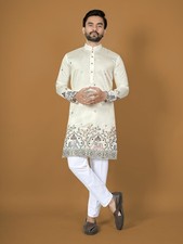 Wedding Party Wear Cotton With Embroidery work Kurta Pajama Set For Men's