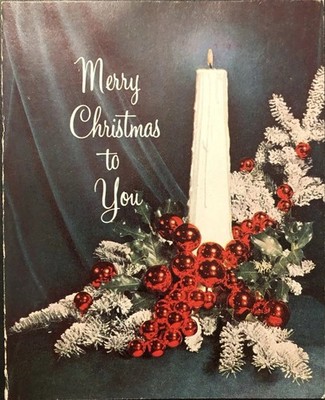 Vtg Christmas Greeting Card From Avon Lady White Pine & Candle Red Bulbs Holly