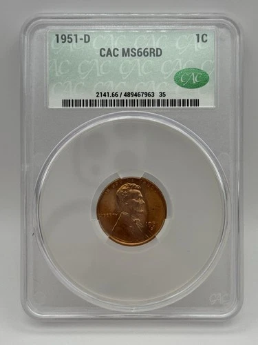 1951-D 1C Lincoln Wheat Cent CAC MS 66 RD