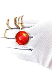 Opal Pendant Faceted Mexican Fire Opal 20mm in Stainless-Steel 18-Karat Gold Plt